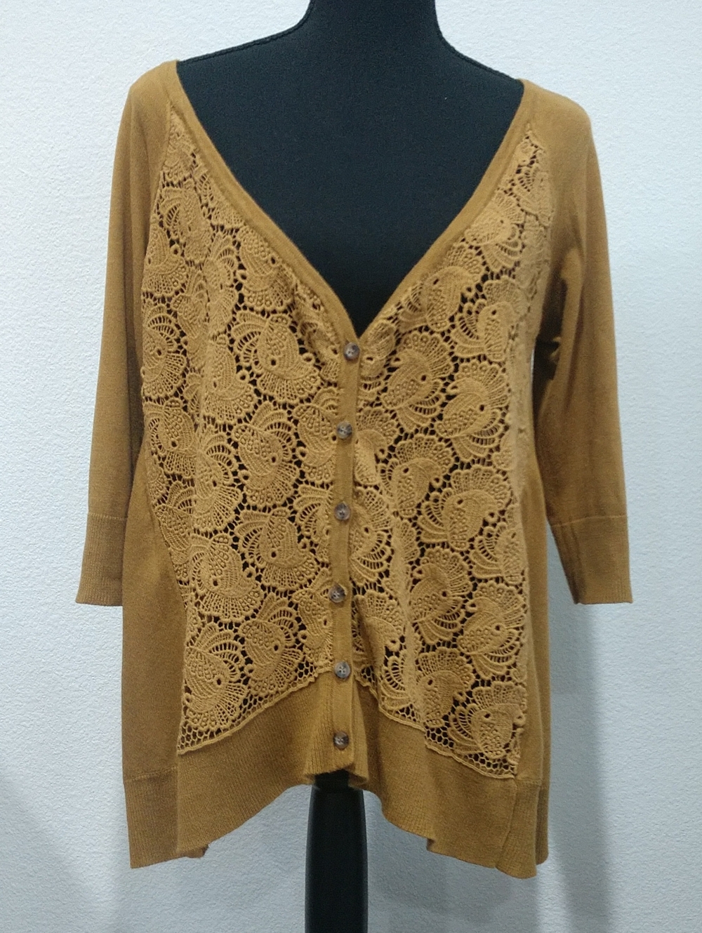 V-Neck Crochet Front Cardigan Sweater - Mustard